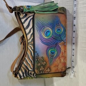 Anuschka animal print peacock feather handpainted leather shoulder bag